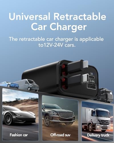 Ultimate 4-in-1 Retractable Car Charger with Dual USB Lightning Ports – 60 W Fast Charging Solution for i Phone 11-16, Tangle-Free 2.6 Ft Cables, Compact Design for Effortless On-the-Go Power Management