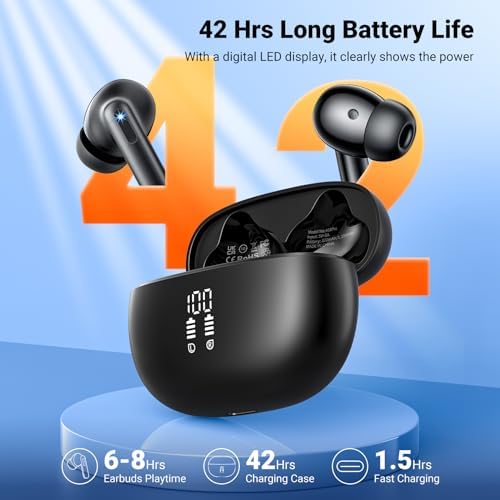 Aoslen Bluetooth 5.3 Wireless Earbuds – Ultimate Hi-Fi Stereo Experience with 42-Hour Playtime, IPX7 Waterproof Rating for Active Lifestyles, Enhanced Call Clarity via 4 ENC Microphones, LED Battery Display for Seamless Compatibility with i OS and Android Devices