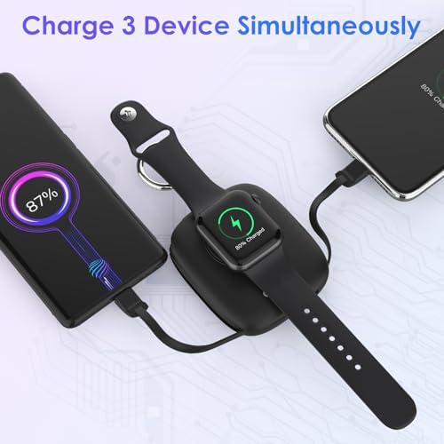 Compact 5000 m Ah Portable Charger with Built-in Cable – Keychain Power Bank for Apple Watch and i Phone – Fast Wireless Charging for Apple Watch 9/Ultra2/8/7/6/SE/5/4/3, Compatible with i Phone 15/14/13/12/11 & Android Devices – Ultimate Travel Accessory for On-the-Go Power