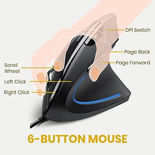 Ergonomic Perixx PERIMICE-713 Wireless Vertical Mouse for Right-Handed Users – 6 Customizable Buttons, Adjustable 3-Level DPI, Sleek Black Design, Unmatched Comfort for Long Hours of Work or Gaming