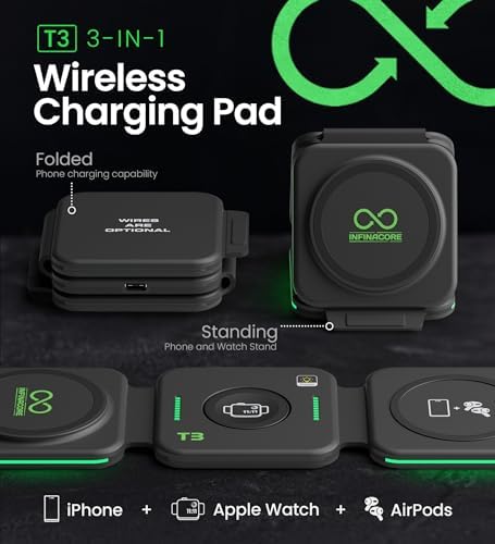 Infina Core 3-in-1 Magnetic Wireless Charging Station for Apple Devices – Ultimate Travel Charger for i Phone 12-16 Pro Max/Plus, Air Pods & Apple Watch – Compact Foldable Design with Rapid Charging and Enhanced Compatibility