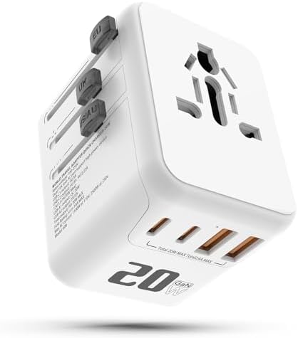 Ultra-Compact Ga N Travel Adapter with 20 W PD Fast Charging | 5-in-1 Universal Power Converter Featuring Dual USB-C & USB-A Ports for Global Compatibility in 200+ Countries – Lightweight & Efficient Travel Solution for Modern Explorers