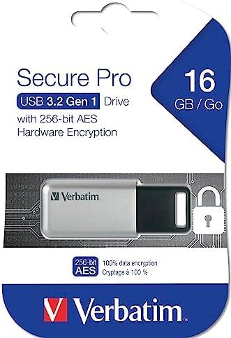 Verbatim 16 GB Secure Pro USB 3.0 Flash Drive – AES 256 Encryption for Ultimate Data Security, Lightning-Fast Transfers, Sleek Silver Design – Perfect for Safe File Storage on PCs and Macs