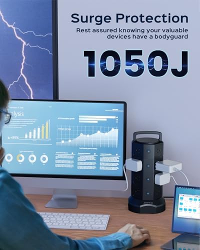 JACKYLED Power Strip Tower Surge Protector with 12 Outlets and 6 USB Ports (2 USB-C) – High-Speed Charging Station with 1050 Joules Protection, 1625 Watts, 6.5 ft Extension Cord for Enhanced Home Office Efficiency and Device Safety