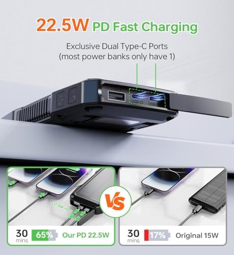 10,000 m Ah Solar Power Bank with Motion Sensor Alarm – 22.5 W Dual USB-C Fast Charging, Waterproof & Rugged for Outdoor Adventures – Includes LED Flashlight & Essential Cables for Hiking, Camping, and Emergencies