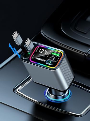 Ultimate 107 W Fast Charging Retractable Car Charger with Built-in Lightning & USB-C – Superior Compatibility for i Phone 16/15/14, Samsung S24/S23/S22, Pixel 9/8/7 – Sleek Black Design for Organized Travel and Efficient Power Solutions