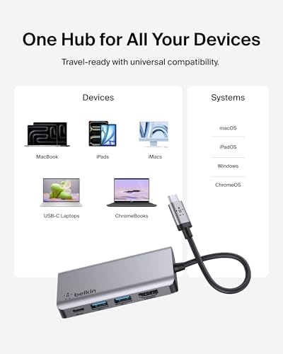 Transform your workspace with the Belkin USB C Hub – the ultimate 4-in-1 Multi-Port Docking Station designed for seamless connectivity and enhanced productivity. Featuring stunning 4 K HDMI output, this sleek device ensures crystal-clear visuals for your presentations and entertainment. With an impressive 100 Watt pass-through power delivery, you can keep your Mac Book Pro, Mac Book Air, i Pad Pro, or Chromebook fully charged while you work. Effortlessly connect your peripherals using the dual USB A ports, making it perfect for both professionals and students on the go. Compact and built for durability, this USB-C docking station is your essential companion for optimizing workflow and maximizing efficiency. Elevate your device connectivity experience with the Belkin USB C Hub today!