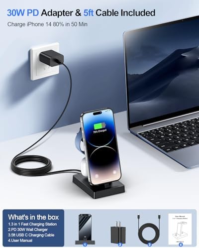 30 W Ultra-Fast 3-in-1 Charging Station for Apple Devices – ADADPU Multi-Device Charger Dock for i Phone 14/13/12/11 Pro, Apple Watch Series 8/7/6/5/4/3/2/SE & Air Pods – Sleek, Space-Saving Design with Advanced Safety Features for Efficient Power Management