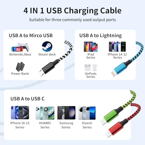 100W USB C Multi Charging Cable,3 in 1 USB C Cable Fast Charging with E-Mark Chip,Universal Charging Cable with Type-C, Micro USB,IP Port for iPhone16/15/Cell Phones and More – Enhanced Compatibility and Speed
