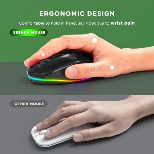 seenda Rechargeable Wireless Mouse with LED Rainbow Lights – Ergonomic, Quiet Click Design for Laptops, PCs, and Chromebooks – Perfect for Kids and Professionals Alike – Portable Purple Accessory for Enhanced Productivity and Style