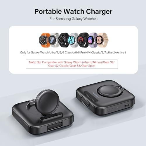 Ultra-Compact Wireless Charger for Samsung Galaxy Watches – 1800 m Ah Power Bank for Series 7, Ultra, 6, 5, 4, 3, Active 2 – Sleek Tech Grey Design for Fast, Cordless Charging Anywhere – Essential Travel Companion for Professionals and Adventurers