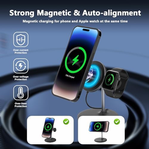 Mag Safe 2-in-1 Wireless Charging Station for i Phone and Apple Watch – Portable 15 W Fast Charger with Detachable Design, Foldable Travel Pad for i Phone 12-16 Series – Sleek Black Finish for Enhanced Compatibility and Efficient Power Boosts