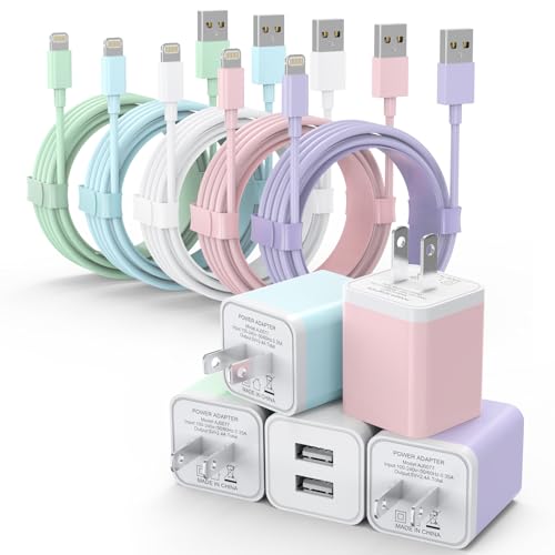 i GENJUN 5-Pack i Phone Charger Set – Dual Port USB Wall Adapter with 6 FT Lightning Cables for Fast Charging & Data Sync – Compatible with i Phone 14, 13, 12, 11 Pro Max, XR, XS Plus – Sleek Beige Design for Modern Convenience