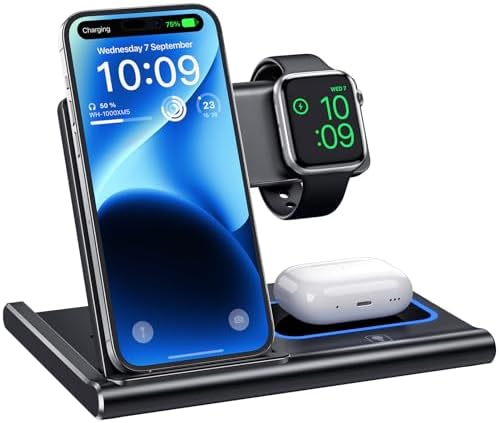 Sleek 3-in-1 Wireless Charging Station for i Phone 15/14/13/12/11, Apple Watch & Air Pods Pro – Fast, Efficient, and Stylish Device Charger with Safety Features for Home or Office Use