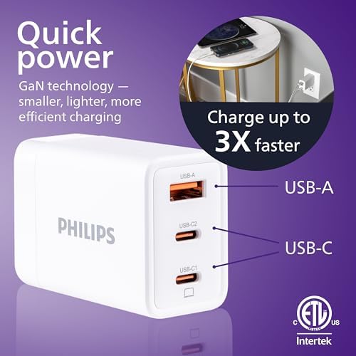 Philips 65 W Ga N Fast Charging Wall Charger – 3-Port USB-C & A Power Adapter for i Phone 15/16 Series & i Pad Pro – Compact, Foldable Design for Ultimate Portability – Efficient Multi-Device Charging Solution
