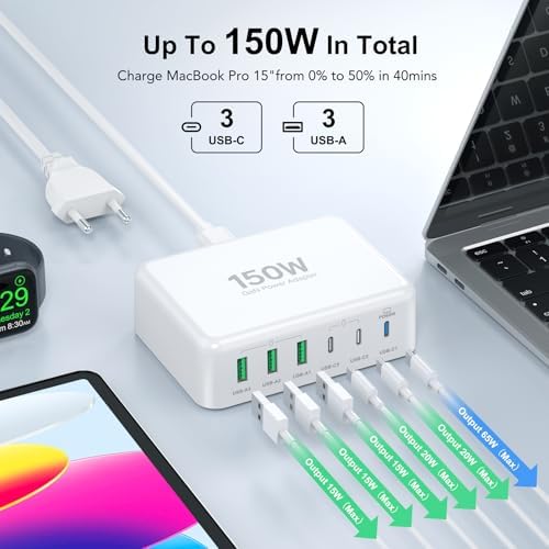 Power Up Your Devices with the Ultimate 150 W USB-C Fast Charging Hub – 6-Port Power Adapter for Mac Book Pro, i Phone 16/15 Pro Max & Air Pods 4 – High-Efficiency PD Technology for Rapid Multi-Device Charging – Compact & Reliable Wall Charger for Home, Office, and Travel Needs