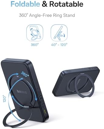 Baseus Qi2 Mag Safe Ultra-Slim Power Bank for i Phone 16/15/14/13/12 – 15 W Fast Wireless Portable Charger with Magnetic Design and 360° Rotatable Stand – 5000 m Ah Battery Pack for On-the-Go Charging – Sleek Black Finish and Enhanced Compatibility