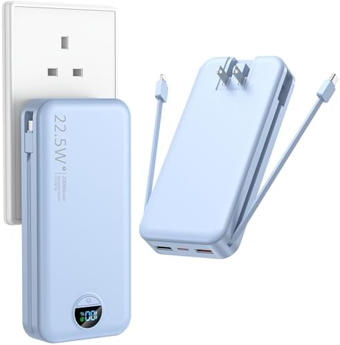Ultimate 20,000 m Ah Portable Charger with Wall Plug – Fast Charging USB-C Power Bank with Built-in Cables, Digital Display, and Versatile 5 Output Ports for i Phone, Android, and Tablets – Stay Charged Anywhere with Enhanced Compatibility and Speed