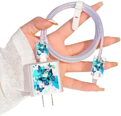 Charming Flower Butterfly Cable Protector for i Phone Chargers – Stylish Bright Blue Data Cable Saver for i Phone 11, 12, 13, 14 Pro Max, XS, XR, X, 7 & 8 Plus – Durable Cord Shield Enhancing Lifespan & Connection Reliability – Perfect i Phone Charger Accessory for Everyday Use