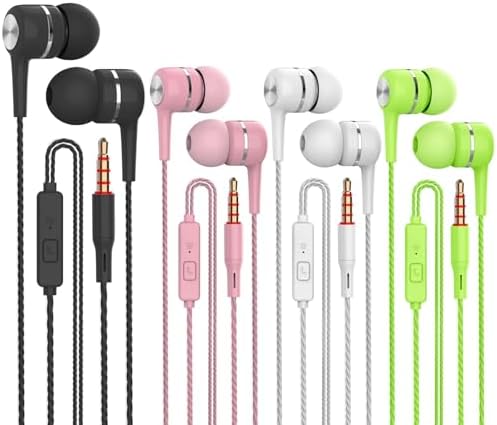Experience Superior Sound with 4-Pack Wired Earbuds Featuring Microphone – Ideal In-Ear Earphones for School and Daily Use – Deep Bass Audio, Noise Isolation, and Universal 3.5 mm Compatibility with i Phone, i Pad, Samsung, and Google Devices in Black, White, Pink, and Green – Lightweight Design for All-Day Comfort and Clear Calls