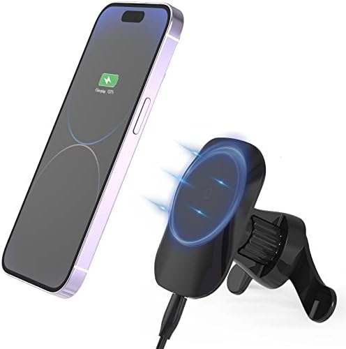 Mag Safe-Compatible Magnetic Wireless Car Charger with 15 W Fast Charging – 360° Adjustable Air Vent Holder for i Phone 12, 13, and 14 Series – Sleek White Design for Effortless Charging and Navigation – Perfect for On-the-Go Lifestyle