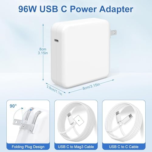 Ultra-Fast 96 W USB-C to Mag Safe 3 Charger for Mac Book Pro & Air (2021-2025) with 6.6 ft Cable – Superior Compatibility & Lightning Speed for All USB-C Devices – Safe, Durable Design with Overload Protection & 24/7 Support – Charge Mac Book Pro 16″ in Just 1 h 47 m