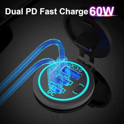 Power Up Anywhere: 2 Pack High-Speed USB C Car Charger Socket – 12 V Multi-Port Cylinder Charger with 30 W PD & 18 W QC3.0, Waterproof Button Switch for Cars, Boats, RVs, Trucks, and More – Ultimate Versatility and Durability
