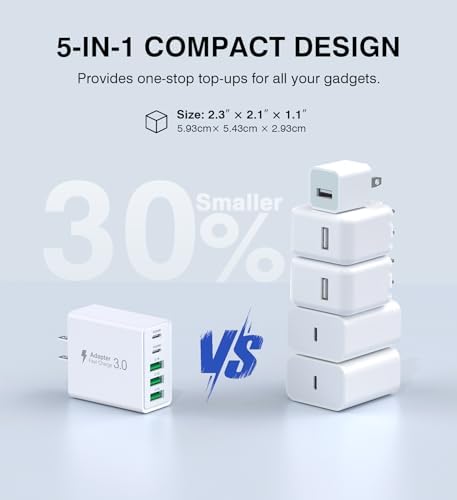 50 W Dual Type C Fast Charging Power Adapter 2-Pack – High-Performance USB-C Charger for i Phone, Samsung, i Pad, and Nintendo Switch – 5-Port Multi-Device Charger for Home and Travel – Compact, Safe, and Reliable Charging Solution