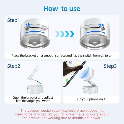 FONKEN Vacuum Suction Magnetic Phone Holder, Adjustable Vacuum Car Phone Holder Foldable Vacuum Magnetic Cell Phone Stand Suction Phone Mount for iPhone 16/15/14/13/12/Gym/Shower/Car/Mirror-White – Enhanced Compatibility and Speed