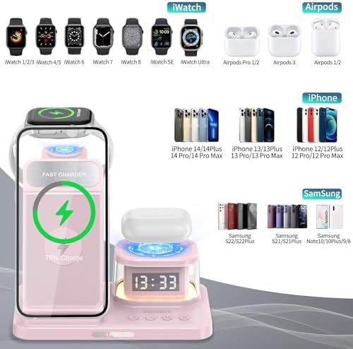 Elevate Your Charging Game: 5-in-1 Foldable Wireless Fast Charger with Integrated Night Light & Transparent Clock for Apple Devices – Ideal for i Phone 16/15/14/13/12/11 Pro Max, Apple Watch, and Air Pods – Sleek Green Design for Ultimate Portability and Style