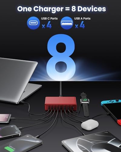 200 W Ga N IV USB-C Charging Hub: 8-Port Fast Charging Station with PD 65 W for Laptops, i Phones, i Pads, and Steam Deck – Compact & Efficient Power Adapter in Striking Red for Ultimate Device Versatility