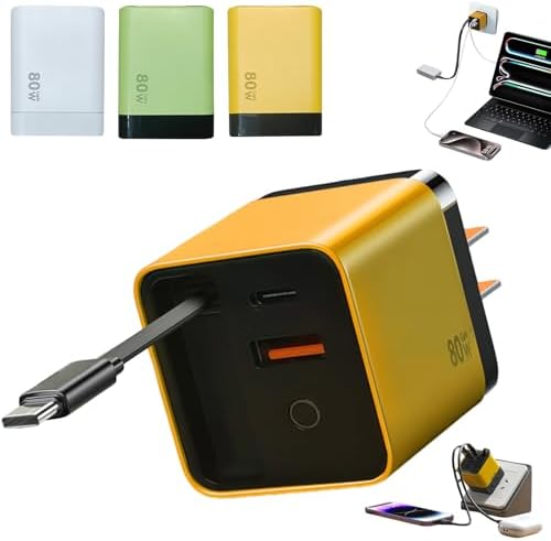 Ultra-Fast 80 W Ga N 3-in-1 Charger with Retractable Plug – Versatile Charging Hub with Type-C Cable & Dual USB Ports for Seamless Device Connectivity – Compact Travel Essential for Phones and Tablets