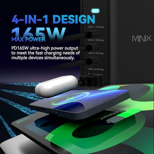 MINIX 165 W Ga N II USB-C Power Adapter – Ultra-Compact 140 W Fast Charging Station with 4 Ports for Multi-Device Connectivity – Essential PD3.1 Charger for Mac Book Pro, i Phone 15 Series, Galaxy S24 Ultra & i Pad Air – Lightweight Travel Companion for Quick Power Solutions