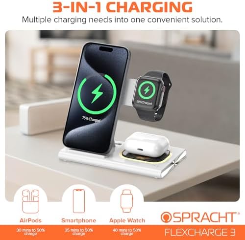 Spracht Flex Charge 3-in-1 Portable Charging Station – 25 W Fast Wireless Charger for Smartphones, Smartwatches, and Earbuds with Integrated Night Light – Foldable Travel-Friendly Design for Enhanced Device Compatibility – Sleek Black Finish for Home and On-the-Go Power Solutions