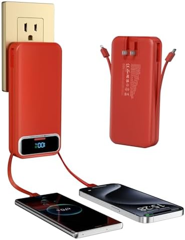 Ultra-Compact 12000 m Ah Power Bank with Built-in Charging Cables & AC Plug – 20 W PD Fast Charging for i Phone, Samsung, Android, USB-C Devices – Travel-Friendly External Battery Pack in Purple – Unmatched Portability and Efficiency for On-the-Go Charging Solutions