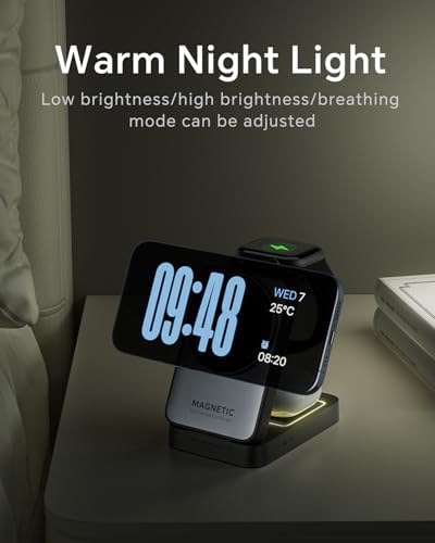 2025 Enhanced 3-in-1 Magnetic Wireless Charger: Foldable Nightlight Charging Station for i Phone, Apple Watch, and Air Pods – Ultimate Travel Companion with Mag Safe Compatibility and Rapid Charging Efficiency