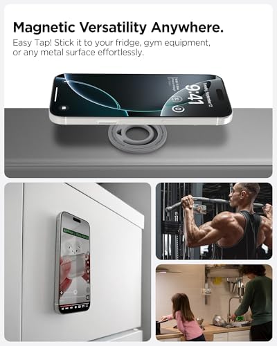 Experience Ultimate Grip with Spigen Dual Pop Mag Fit Phone Holder – Premium Magnetic Silicone Mount for i Phone 16/15/14/13/12 Series – Sleek Gray Design for Enhanced Stability and Comfort on the Move.