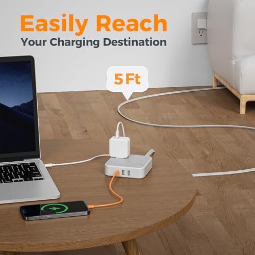 TESSAN 5 FT Flat Extension Cord Surge Protector – 4 Outlet Power Strip with 3 USB C Ports (1 USB C) for Fast Charging, 900 Joules Electronics Protection, Space-Saving Design for Home, Office, and Dorm Use, Enhanced Compatibility and Efficiency