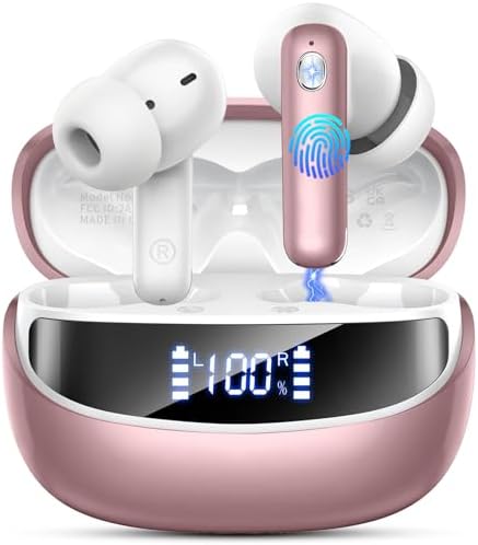 Nerunsa Elite Rose Gold Wireless Earbuds – Cutting-Edge Bluetooth 5.4 with Enhanced ENC Noise Cancellation, 45-Hour Playtime, Dynamic Hi-Fi Sound & Deep Bass, IP7 Waterproof for Ultimate On-the-Go Listening Experience