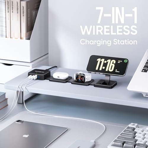 Ultimate 7-in-1 Wireless Charging Station for Apple Devices – ACOZVIN Foldable Magnetic Charger with 4 USB Ports, 30 W USB-C Power, and 5 FT Flat Plug Cord – High-Speed Travel Charger for i Phone 16/15/14/13, Apple Watch, and Air Pods – Compact, Portable, and Enhanced Compatibility for Effortless Charging on the Go