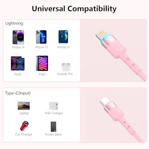 2-Pack Retractable Coiled USB-C to Lightning Charger Cable for i Phone – MFi Certified Fast Charging Solution for i Phone 14/13/12/11 SE/Xr & i Pad – 4 Ft Pink Car Play Cable for Uber and On-the-Go Syncing – Durable, Tangle-Free Design for Ultimate Portability and Efficiency