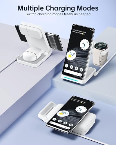 Revolutionary 3-in-1 Foldable Wireless Charger for Google Pixel Devices – Fast Charging Stand for Pixel Watch 3/2, Pixel 9 Pro/XL/9 a/8 Pro/8 a/7 Pro/7 a/6 Pro & Pixel Buds Pro 2 – Compact, Portable Design with Adapter Included – Sleek White Finish for Home or Travel – Ultimate Solution for Efficient Multi-Device Charging