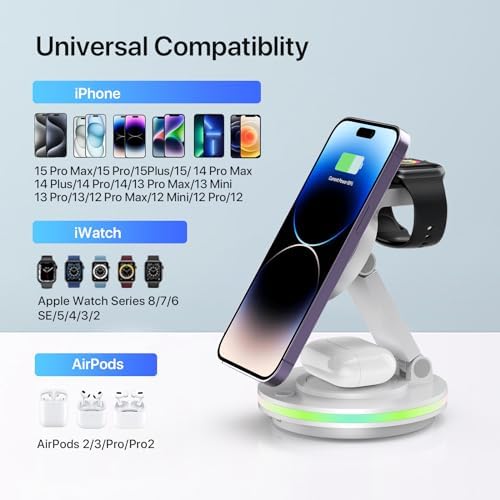 Ultimate 3-in-1 Foldable Charging Station for i Phone, Apple Watch & Air Pods – Magnetic Wireless Charger with Fast Charging for i Phone 11-16 Series, Pro Max Compatibility, Sleek Portable Design for Home & Travel