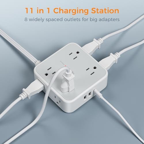 TESSAN Power Strip Tower Surge Protector: 8 AC Outlets & 3 USB Ports (1 USB-C) with 900 Joules Protection, 5 FT Flat Plug Extension Cord – Ultimate Desk Charging Station for Home Office and Dorm Room Efficiency