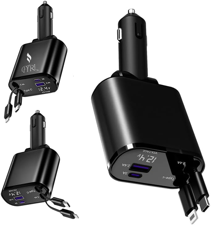 Ultimate 4-in-1 Retractable Car Charger – 66 W Fast Charging Solution with Dual 2.6 ft Cables & USB Port for Seamless Device Compatibility – Perfect for i Phone 16/15/14/13/12/11, Galaxy, Pixel, i Pads (2025) – Compact, Durable, Tangle-Free Design for On-the-Go Power