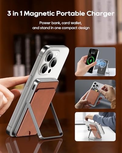 Ultra-Slim Kuulaa Mag Safe Wireless Power Bank 5000 m Ah – 20 W Fast Charging Portable Charger with Magnetic Wallet & Stand for i Phone 15/14/13/12 Pro Max – High-Performance USB-C Battery Pack for On-the-Go Convenience