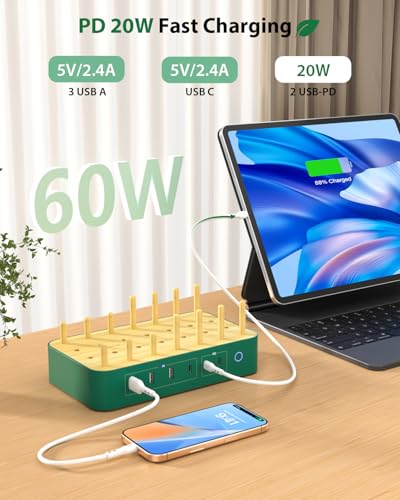 Eco-Friendly Bamboo USB-C Charging Hub – 60 W 6-Port Multi-Device Dock with 3 AC Outlets, 3 USB-C, 3 USB-A Ports, 6 Mixed Cables Included, 6.6 ft Power Cord for i Phones, i Pads & Tablets – Fast, Efficient Charging Solution with Elegant Design