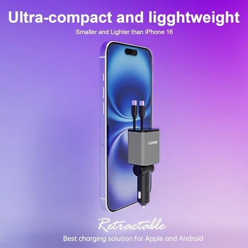 Premium Flexino Compact Retractable Car Charger for i Phone 16 – 69 W Fast Charging with Dual 2.6 ft USB C Cords | Efficient Power Adapter Compatible with i Phone 16/15/14/13/12 Series & Galaxy Devices | Sleek Grey Design for Ultimate Portability and Reduced Cable Clutter