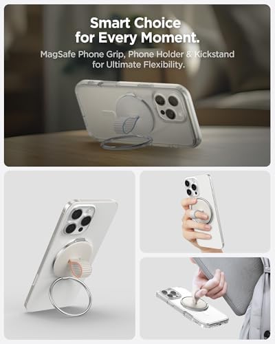 Spigen O-Mag Magnetic Phone Holder Grip with Finger Strap Loop – Dune Beige – Perfectly Designed for i Phone 16/15/14/13/12 Series – Enhanced Mag Safe Compatibility & Secure Grip for Effortless Use – Adjustable Kickstand & Durable Nylon Strap for Everyday Convenience – Elevate Your Smartphone Experience with Style