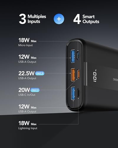 Ultra-Reliable VRURC 20,000 m Ah Portable Power Bank – Fast Charging Battery Pack with 4 USB Outputs and 3 Input Options for Ultimate Device Compatibility – Compact Travel Essential for i Phone, Samsung, and Android Users – Durably Designed for On-the-Go Charging Needs
